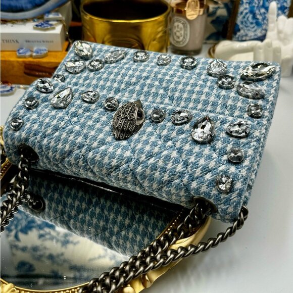 🆕 KURT GEIGER LONDON 🧿 NWOT Blue & White Houndstooth Kensington Bag, Crystals - Picture 6 of 16